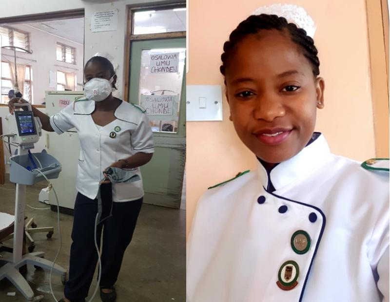 Madalo Makunganya Wella, jordmor i Malawi - bilde fra jobben på sykehuset, og profilbilde. Collage.