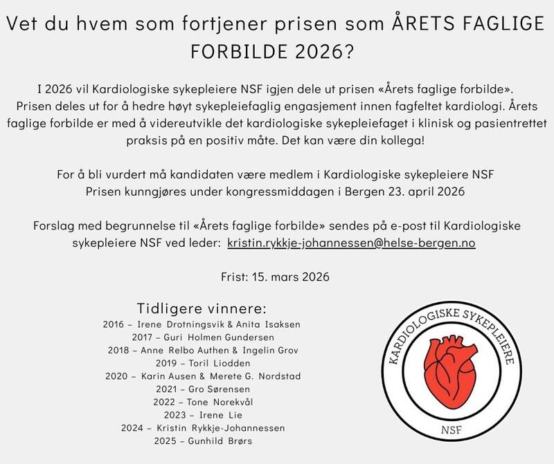 Nominasjon til årets faglige forbilde 2026 sendes til kristin-rykkje-johannessen@helse-bergen.no