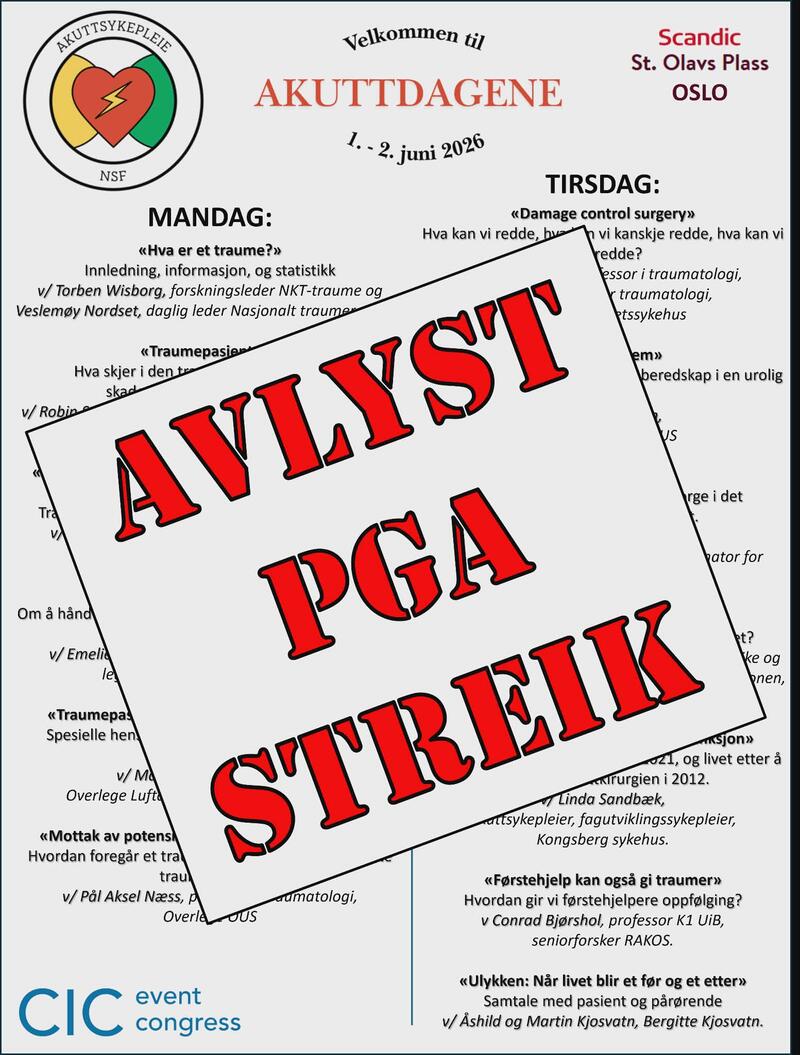 Programmet til kongressen i bakgrunn med tekst over som sier avlyst grunnet streik