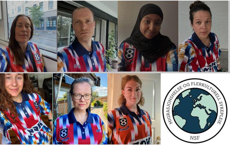 Bilde av styremedlemmer i Migrasjonshelse og flerkulturell sykepleie NSF i fotballtrøyer mot rasisme