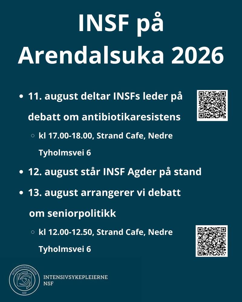 11. august deltar INSFs leder på debatt om antibiotikaresistens kl 17.00-18.00, Strand Cafe, Nedre Tyholmsvei 6 12. august står INSF Agder på stand 13. august arrangerer vi debatt         om seniorpolitikk kl 12.00-12.50, Strand Cafe, Nedre Tyholmsvei 6