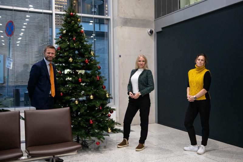 Bent Høie, Lill Sverresdatter Larsen og Paula Lykke foran juletre